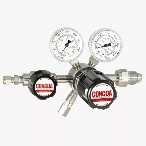 Six-port, stainless steel barstock, single stage cylinder regulator for ultra-high purity gas applications