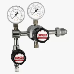 Chrome-plated brass barstock, dual stage cylinder regulator for inert medical laboratory gas applications