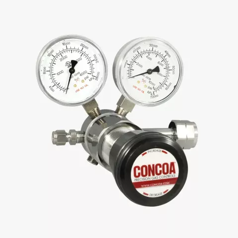 Six-port, chrome-plated brass barstock, single stage regulator for ultra-high pressure applications