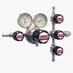 455 Series single stage, electroless nickel-plated forged brass, four port regulator for highly corrosive gas applications