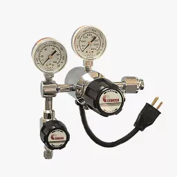 Electrically-heated, single stage regulator for carbon dioxide and nitrous oxide laboratory applications